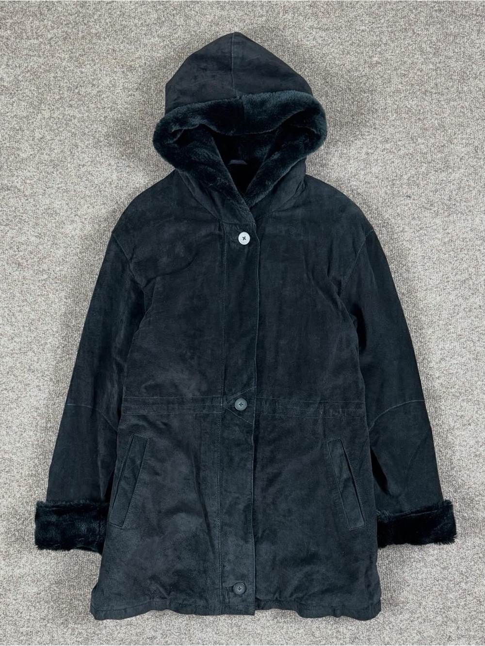 Vintage Middlebrook Black Suede Leather Hooded Fur‎ Lined Parka Coat Women’s M